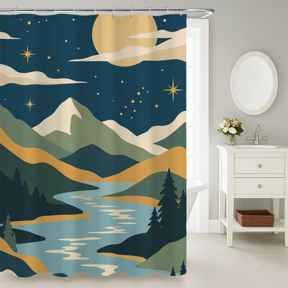Feblilac Mountain Sun Moon shower curtain in a modern bathroom with marble tile