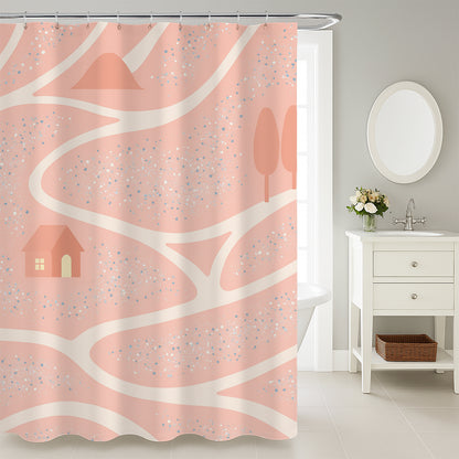 Feblilac Pink Spring Home shower curtain in a modern bathroom with marble tile