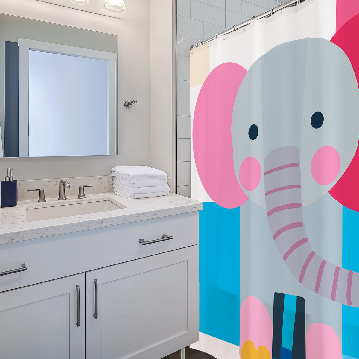 Feblilac Abstract Elephant shower curtain in a modern bathroom with marble tile