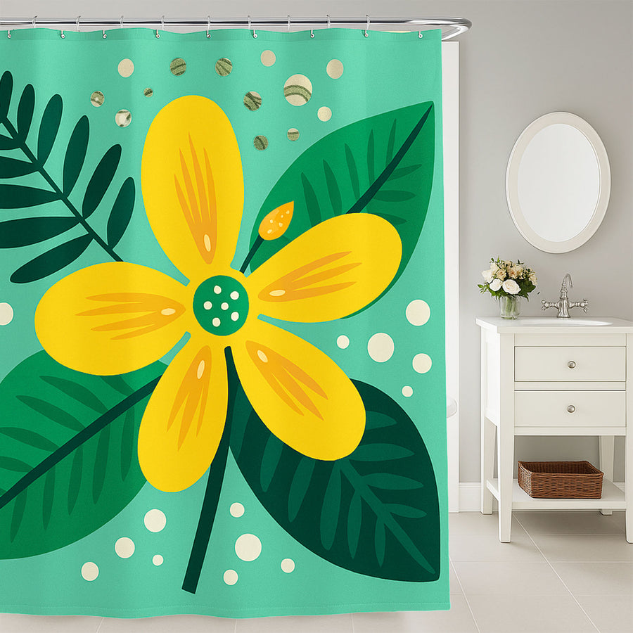 Feblilac Yellow Flower Green Background Shower Curtain with Hook - view 3
