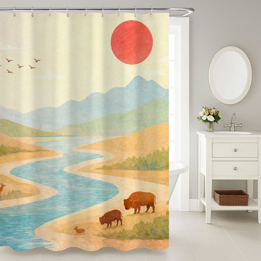 Feblilac Watercolor Mountain River Shower Curtain with Sun and Wildlife Landscape - view 3