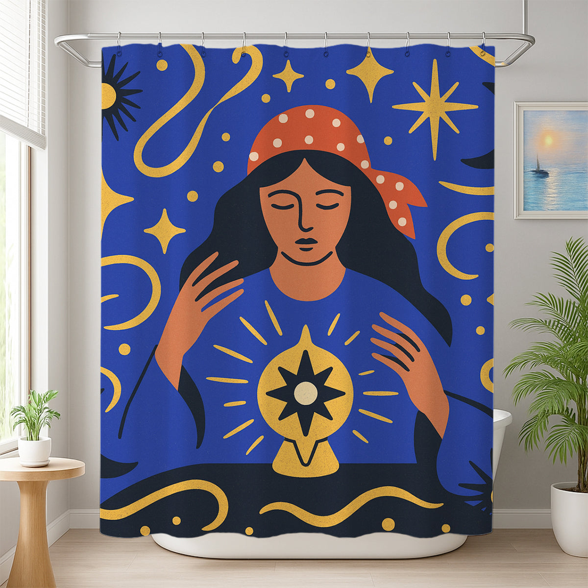 Feblilac Gypsy Under the Stars shower curtain beside a vanity and plant
