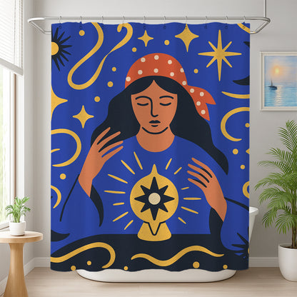 Feblilac Gypsy Under the Stars shower curtain beside a vanity and plant