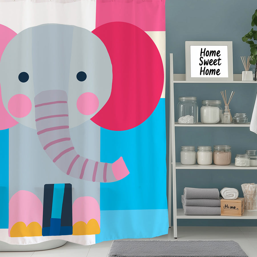 Feblilac Abstract Elephant shower curtain beside a vanity and plant