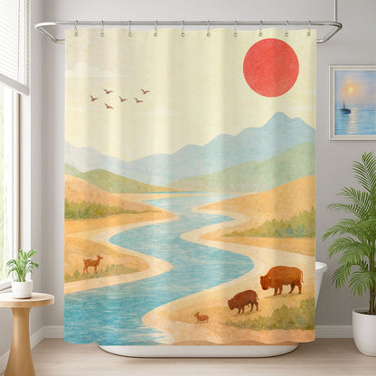 Feblilac Watercolor Mountain River Shower Curtain with Sun and Wildlife Landscape