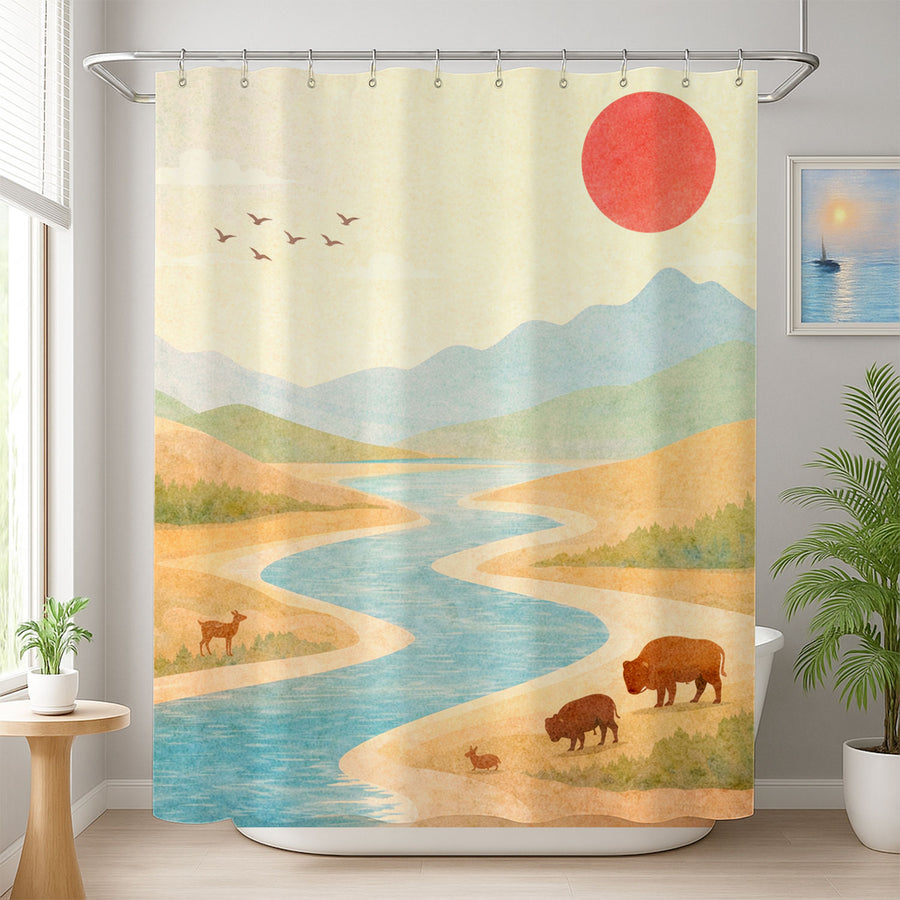 Feblilac Watercolor Mountain River Shower Curtain with Sun and Wildlife Landscape - view 4