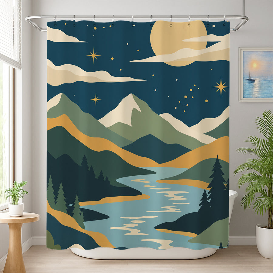 Feblilac Mountain Sun Moon shower curtain beside a vanity and plant