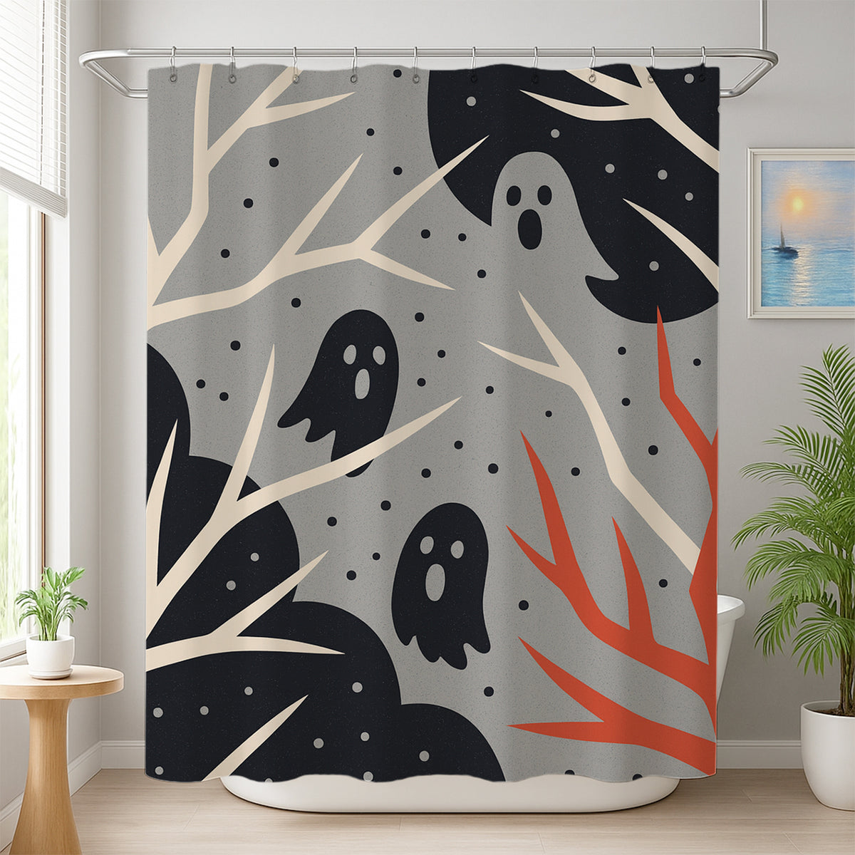 Feblilac Halloween Forest shower curtain beside a vanity and plant