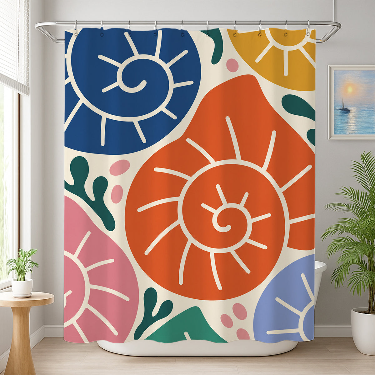 Feblilac Coastal Seashell shower curtain beside a vanity and plant