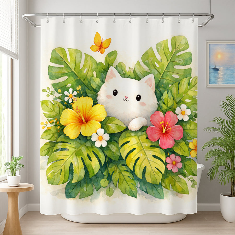 Feblilac Cute White Cat Tropical Leaves Shower Curtain, Watercolor Kitten Floral Bathroom Curtain - view 4