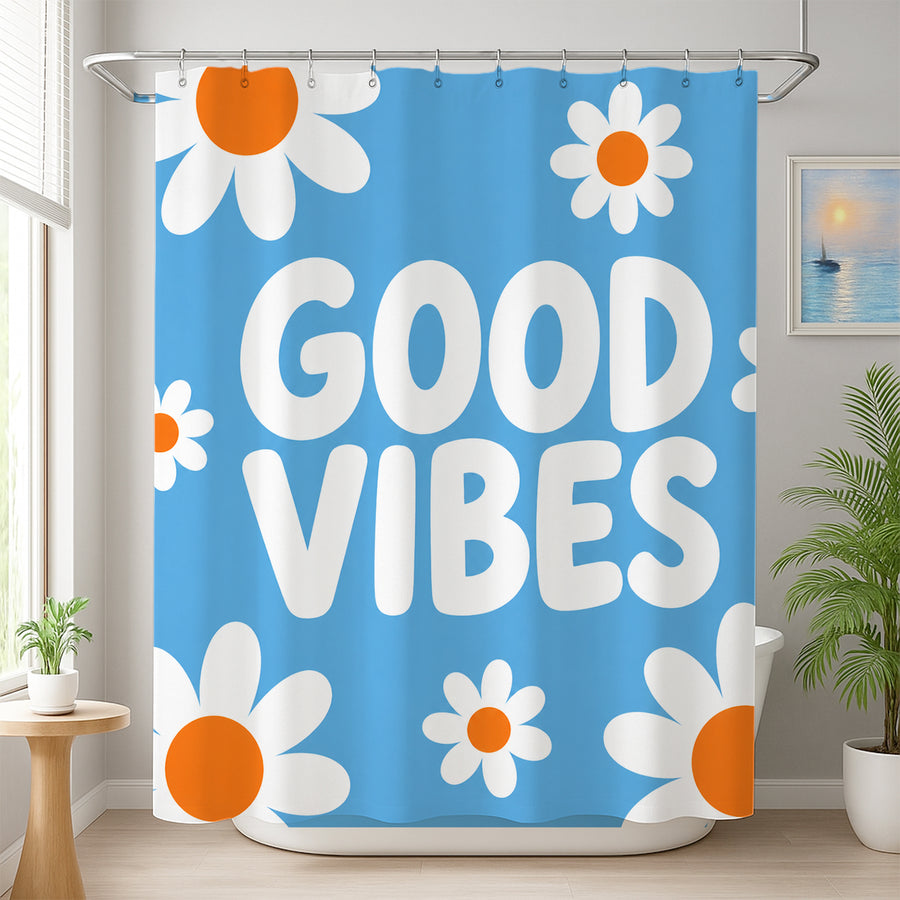 Feblilac Good Vibes Daisy Shower Curtain – Blue Floral Bathroom Curtain - view 4