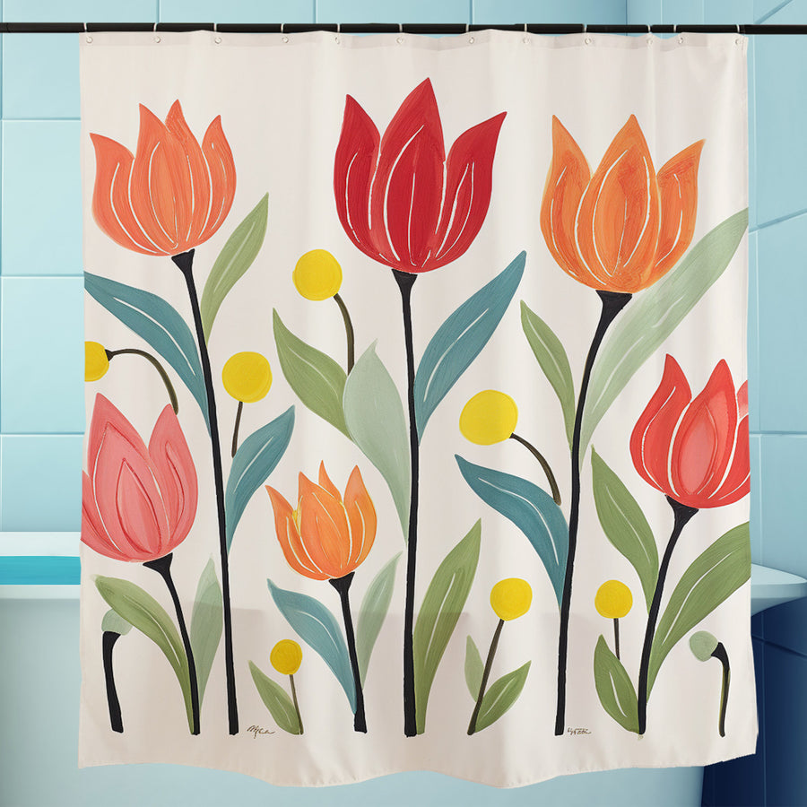 Feblilac Tulips Off-white Background Shower Curtain with Hooks - view 4