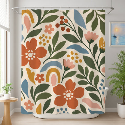 Feblilac Modern Big Blooms shower curtain beside a vanity and plant