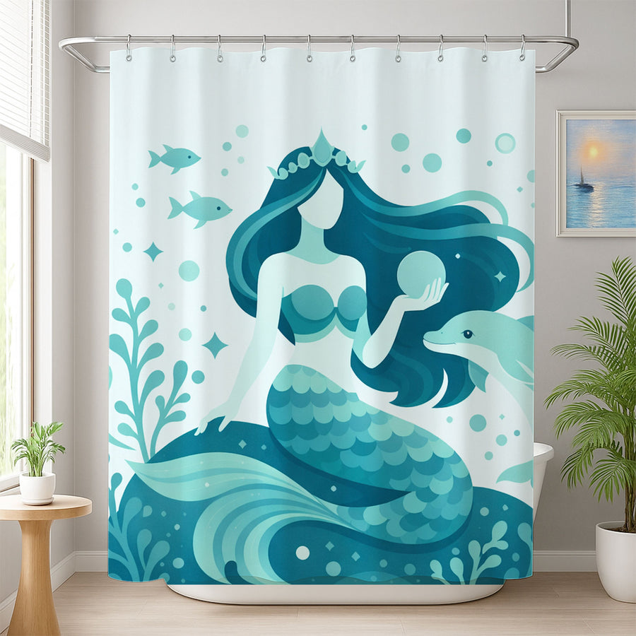 Feblilac Product Title Teal Mermaid Shower Curtain, Ocean Dolphin Bathroom Curtain - view 4
