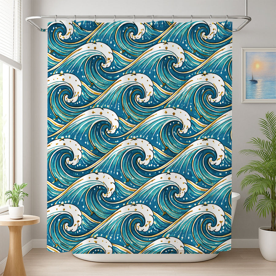 Feblilac Ocean Wave Shower Curtain, Teal Blue Japanese Wave Bathroom Curtain, Coastal Art Waterproof Polyester - view 4