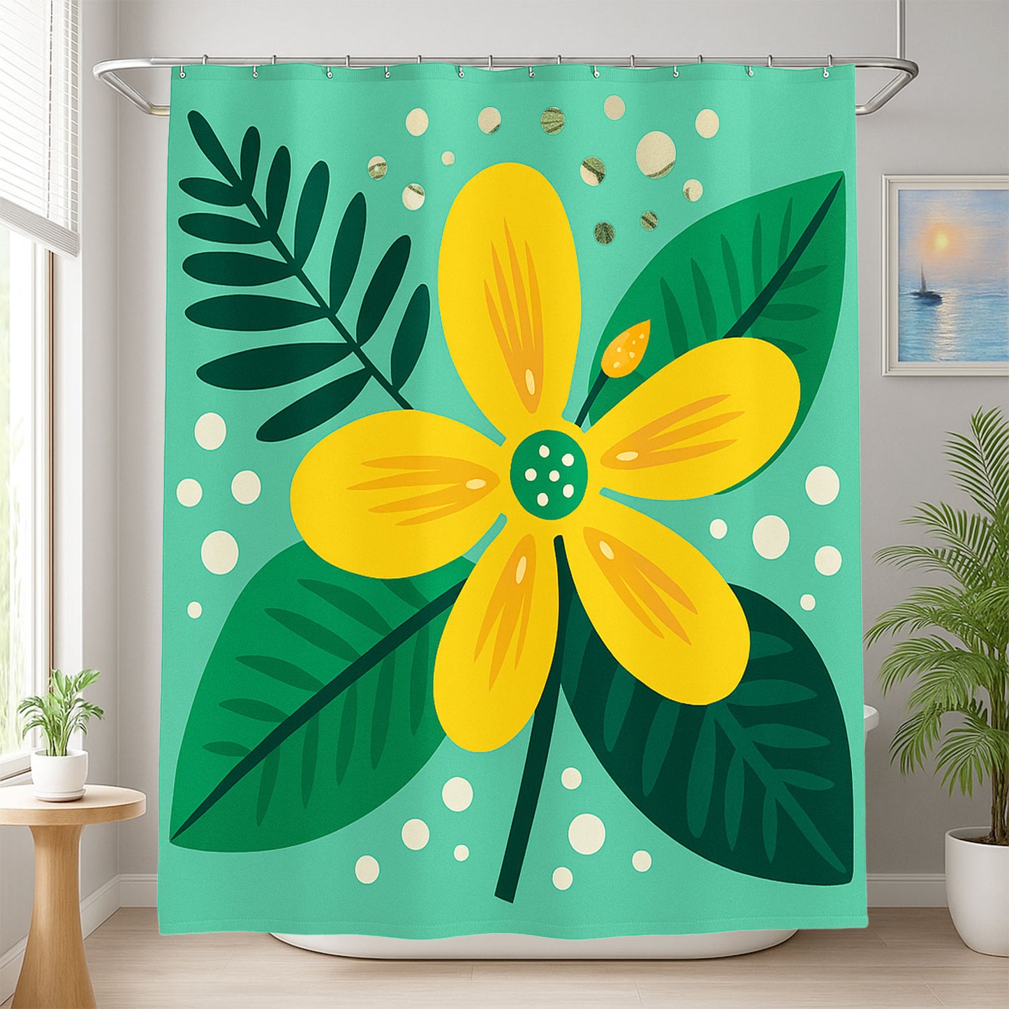 Feblilac Yellow Flower Green Background Shower Curtain with Hook