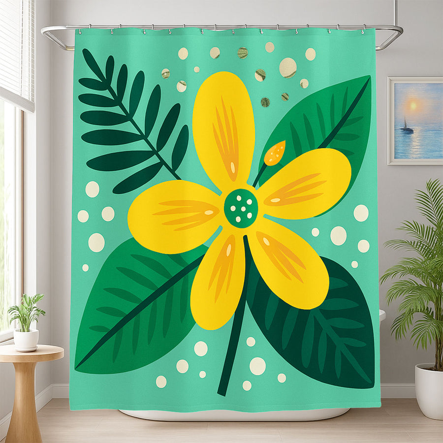Feblilac Yellow Flower Green Background Shower Curtain with Hook - view 4
