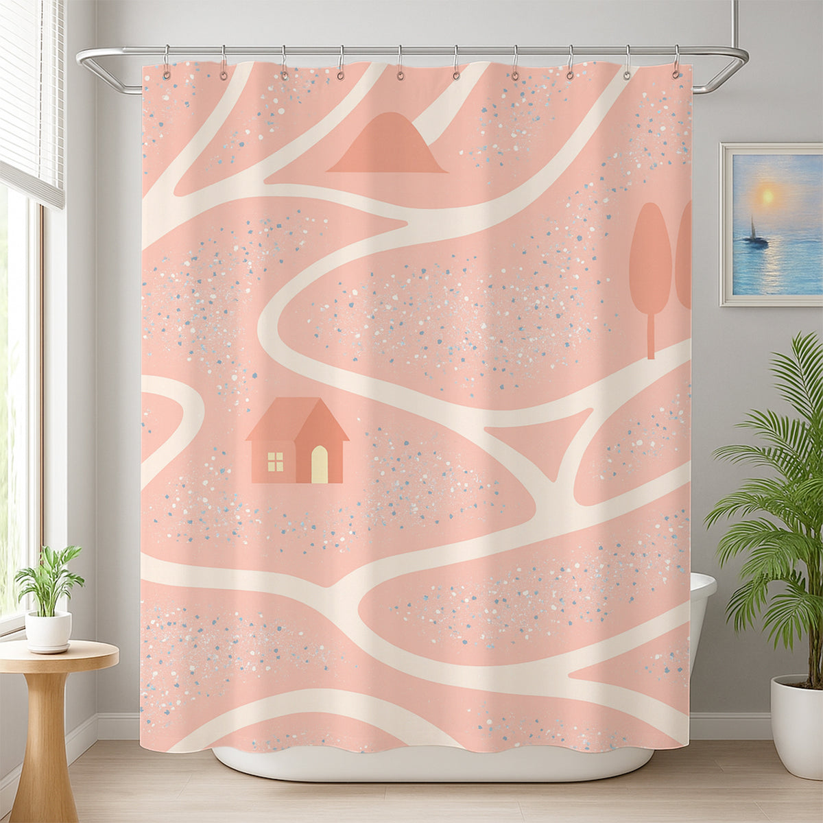 Feblilac Pink Spring Home shower curtain beside a vanity and plant