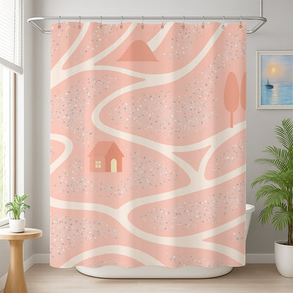 Feblilac Pink Spring Home shower curtain beside a vanity and plant