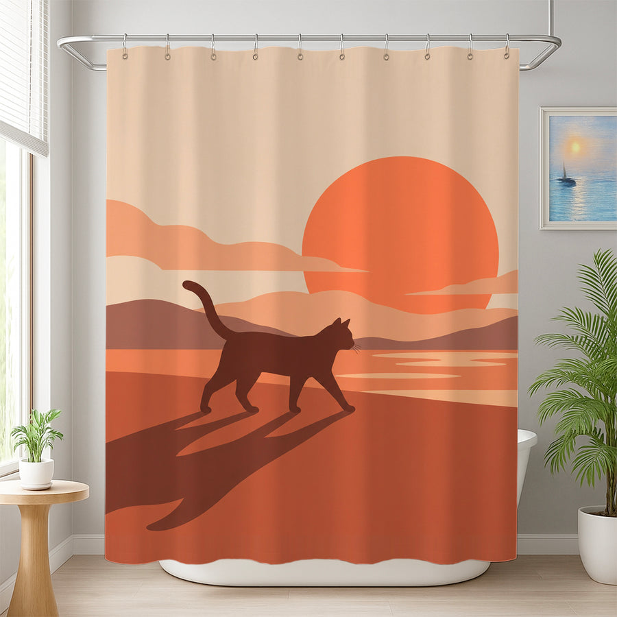 Feblilac Cat Walking at Sunset shower curtain beside a vanity and plant