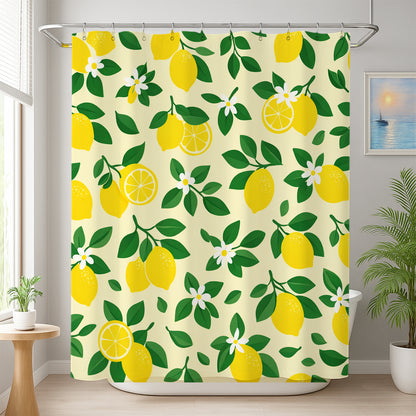Feblilac Lemon Floral Shower Curtain, Yellow Citrus Fruit Shower Curtain with Green Leaves
