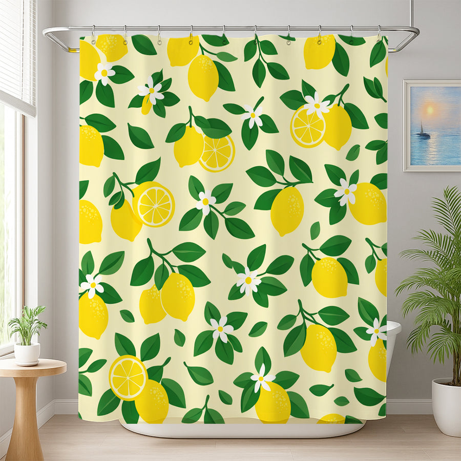 Feblilac Lemon Floral Shower Curtain, Yellow Citrus Fruit Shower Curtain with Green Leaves - view 4