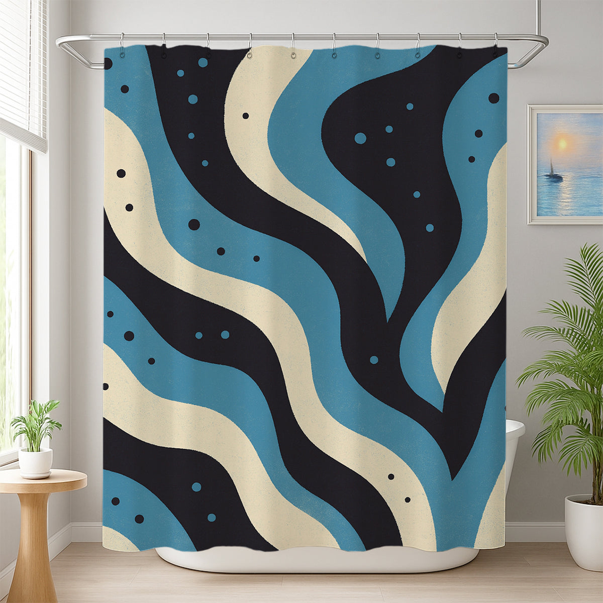 Feblilac Blue Black Smoke shower curtain beside a vanity and plant