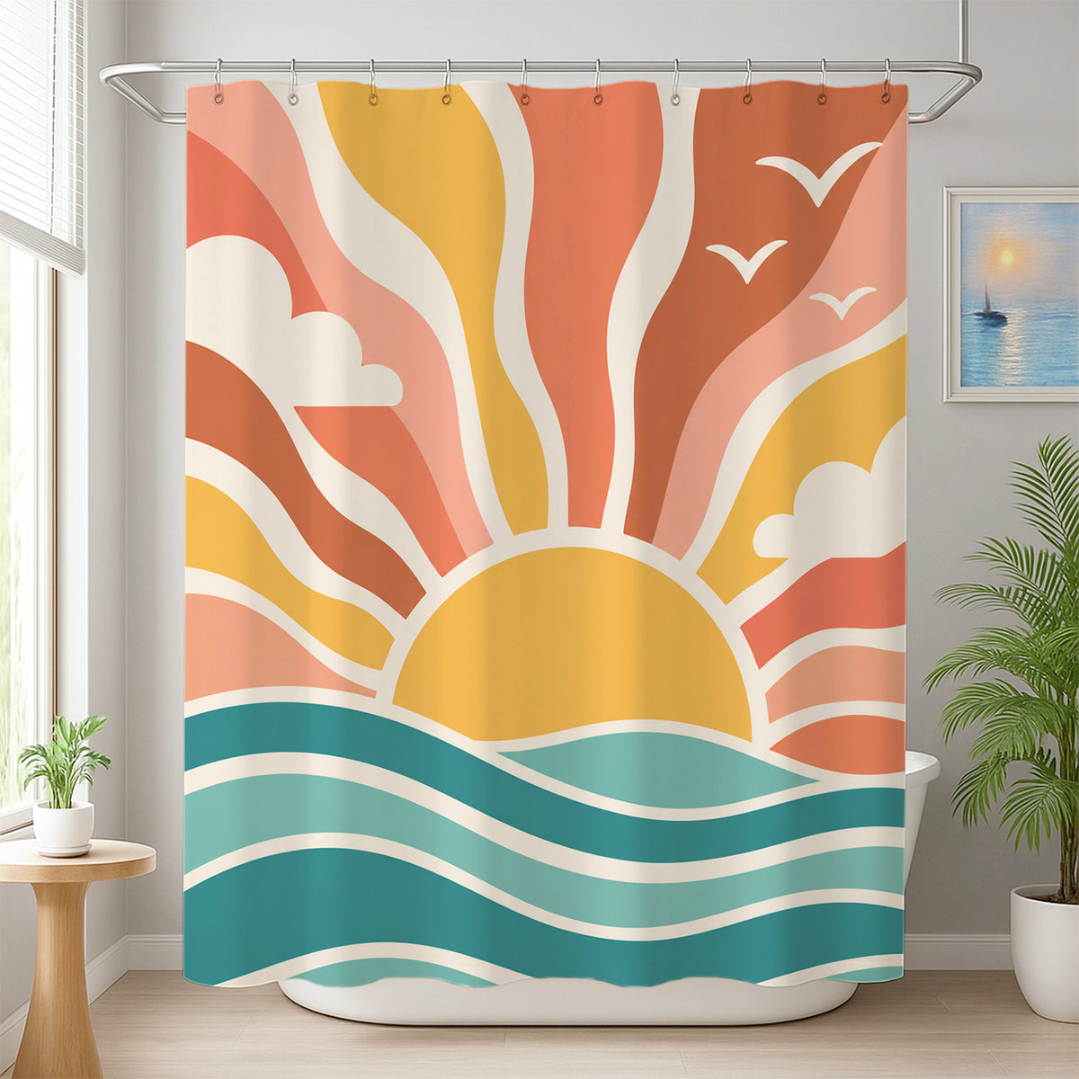 Feblilac Hello Sunshine shower curtain beside a vanity and plant