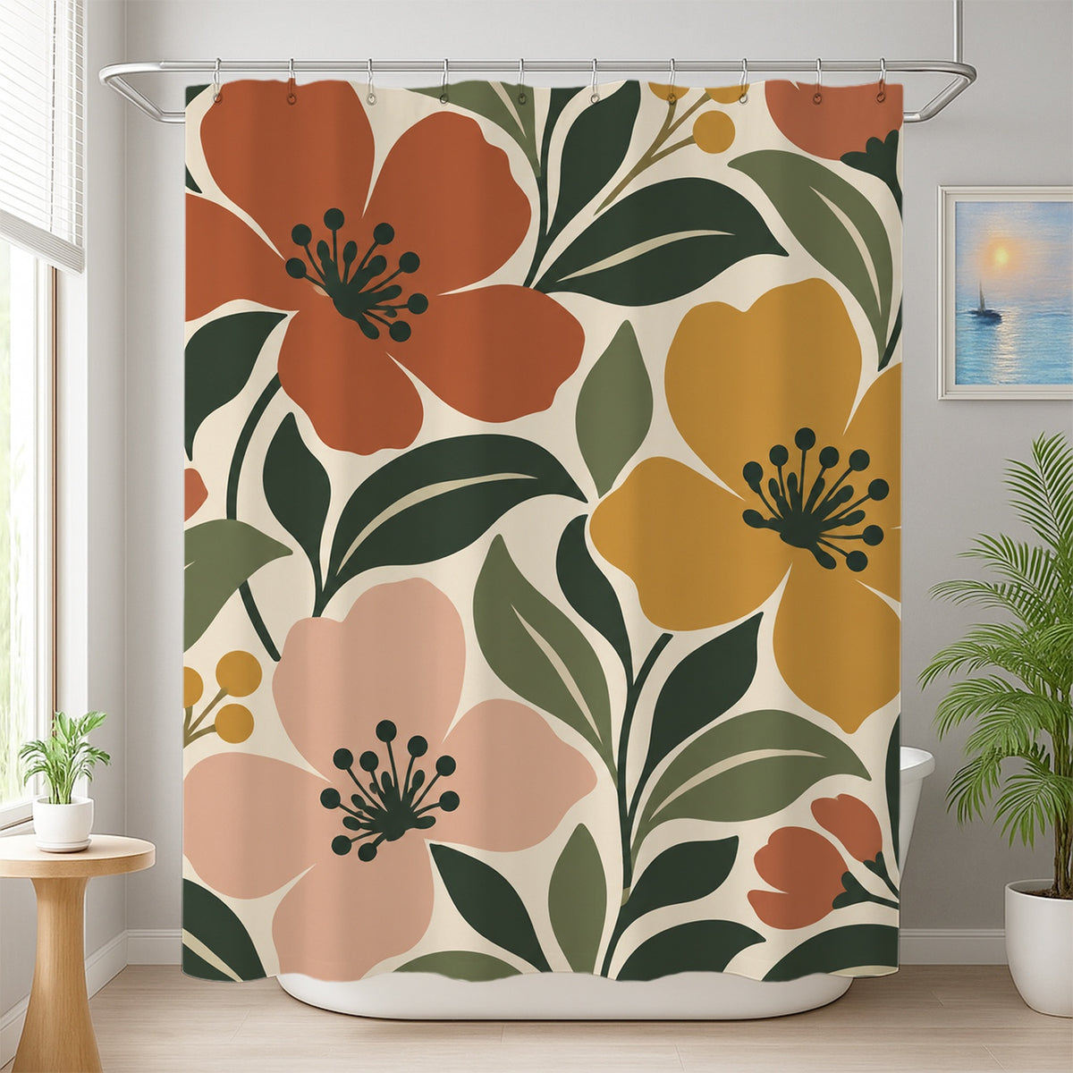 Feblilac Yellow Bloom shower curtain beside a vanity and plant