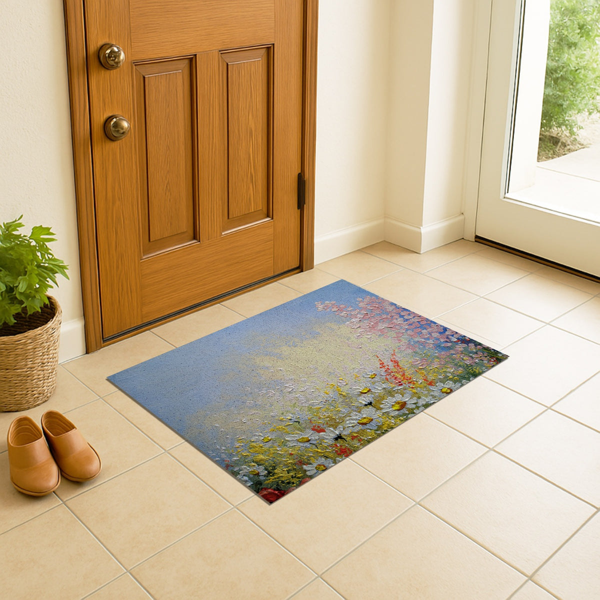Feblilac Oil Painting White and Pink Blossoms PVC Coil Door Mat