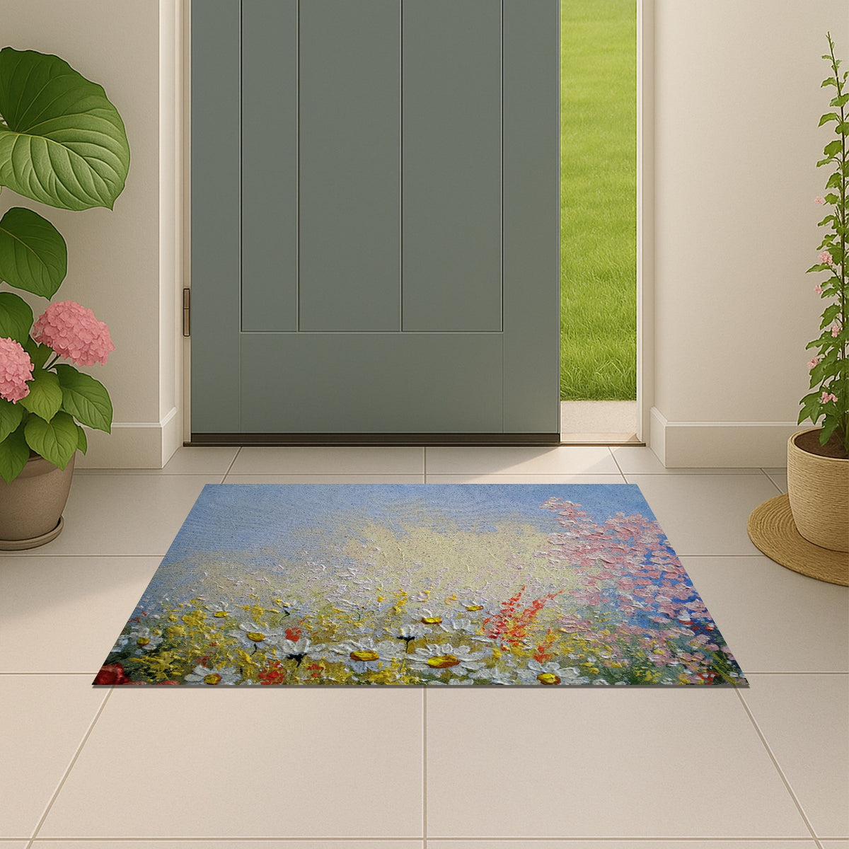 Feblilac Oil Painting White and Pink Blossoms PVC Coil Door Mat