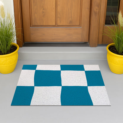 Feblilac Blue Checkered Flowers PVC Coil Door Mat