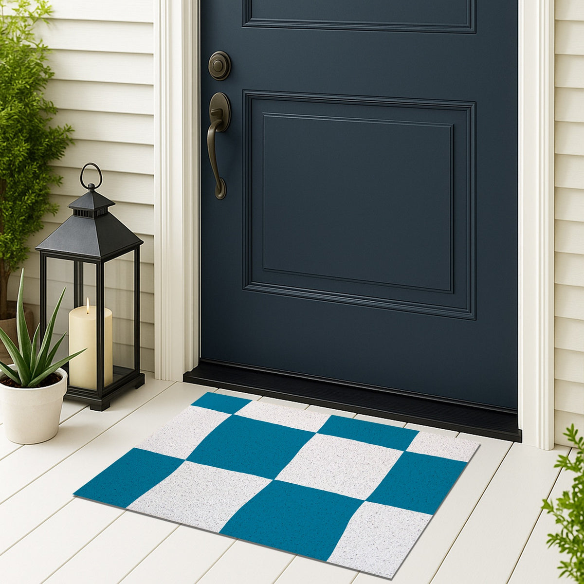 Feblilac Blue Checkered Flowers PVC Coil Door Mat