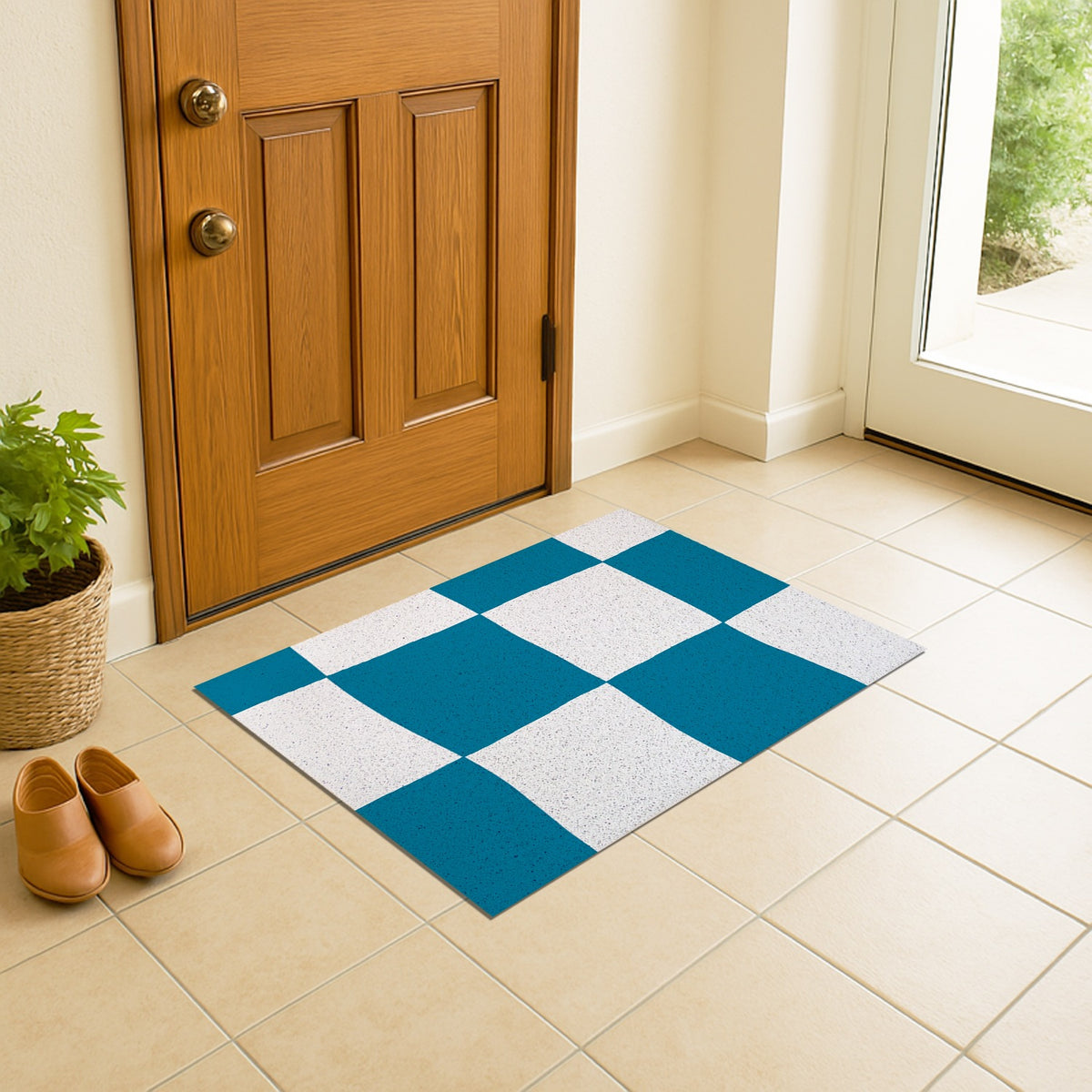 Feblilac Blue Checkered Flowers PVC Coil Door Mat