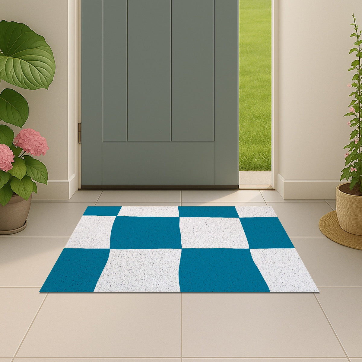 Feblilac Blue Checkered Flowers PVC Coil Door Mat