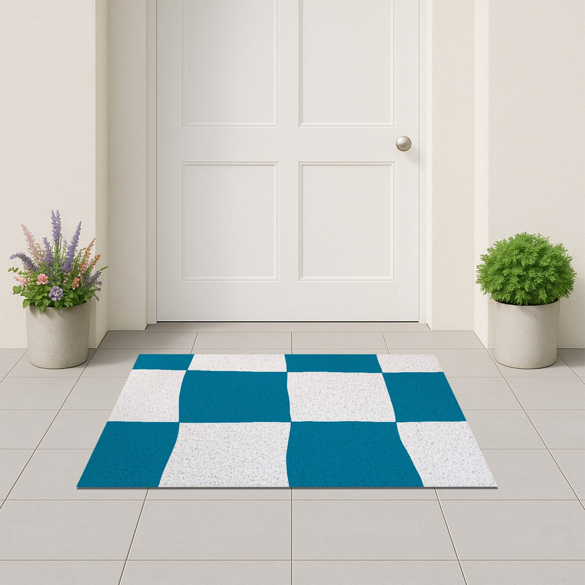 Feblilac Blue Checkered Flowers PVC Coil Door Mat