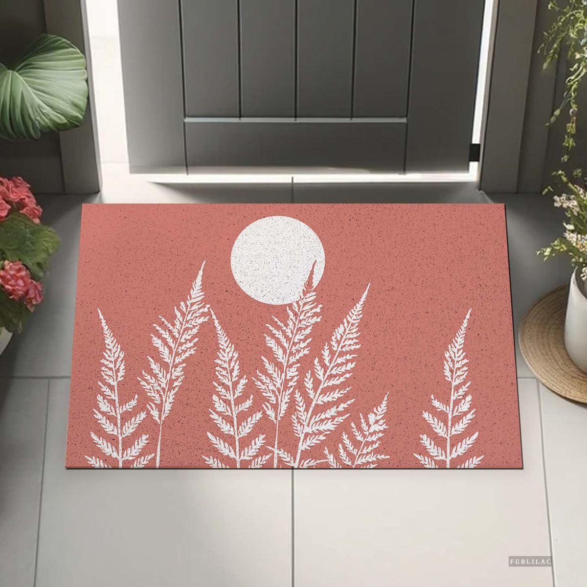 Feblilac Pink Fern Leaves PVC Coil Door Mat