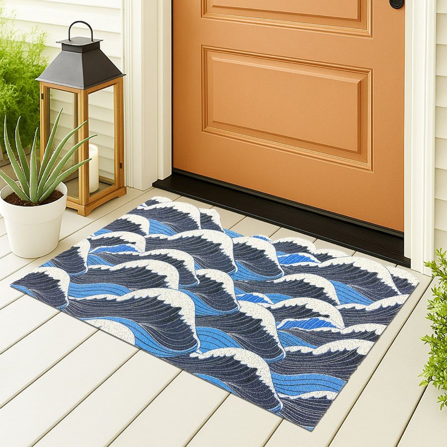 Feblilac Irregular Blue and White Waves PVC Coil Door Mat