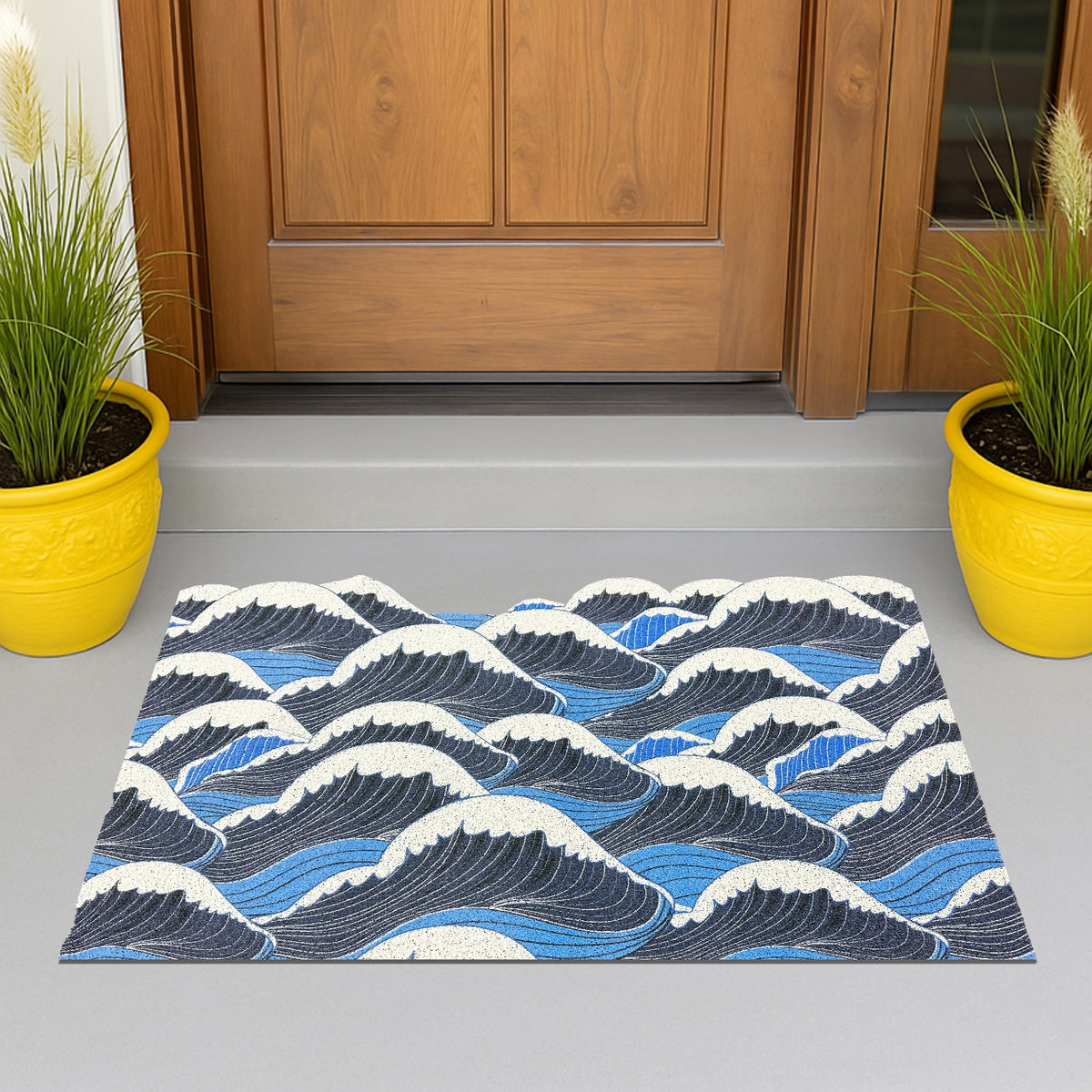 Feblilac Irregular Blue and White Waves PVC Coil Door Mat