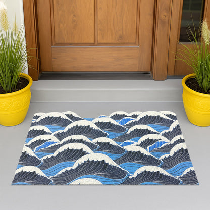 Feblilac Irregular Blue and White Waves PVC Coil Door Mat