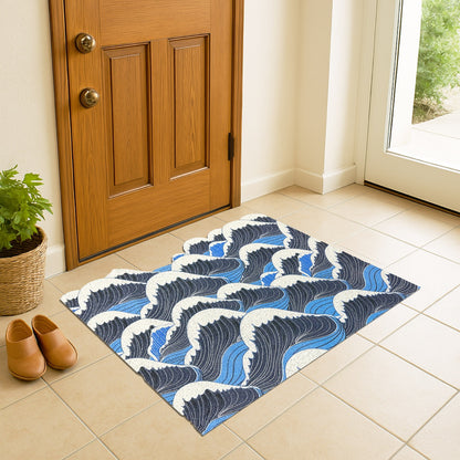 Feblilac Irregular Blue and White Waves PVC Coil Door Mat