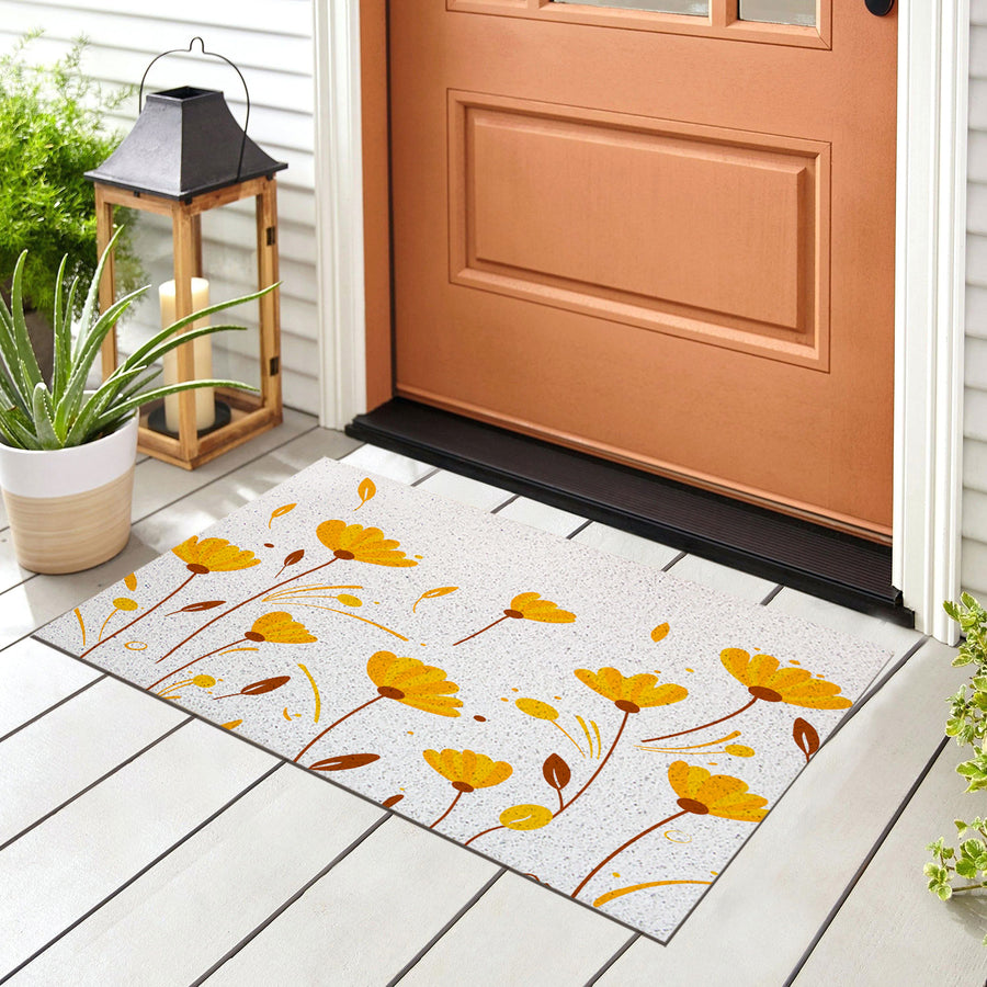 Feblilac Hand Painted Flowers Leaves Orange Yellow PVC Coil Door Mat