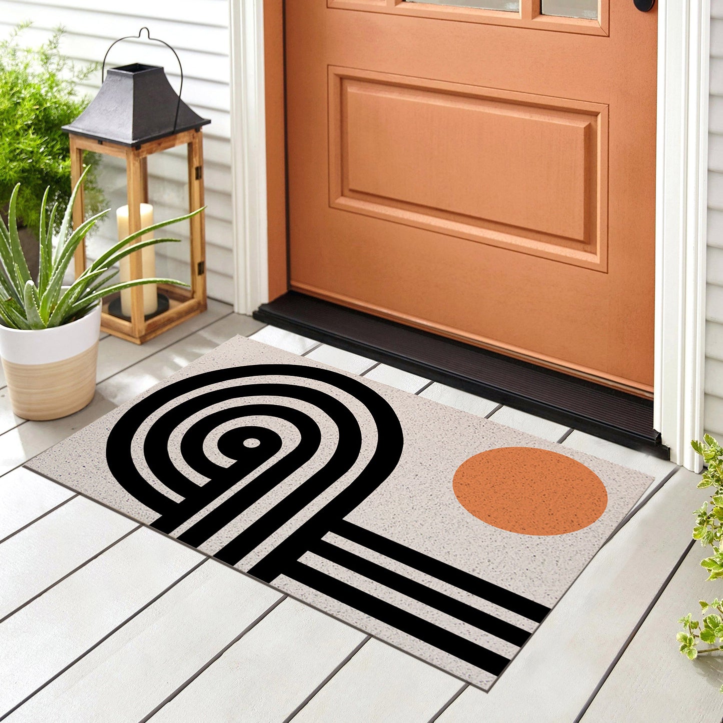 Feblilac Black and Orange Line Art PVC Coil Door Mat