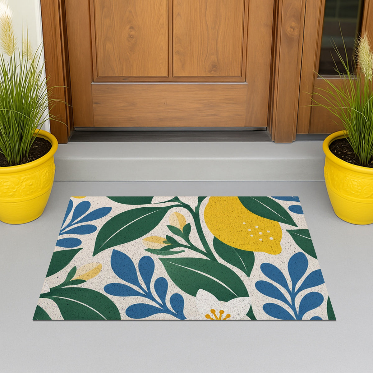 Feblilac Lemon Blossom PVC coil door mat at the front door on a tiled porch