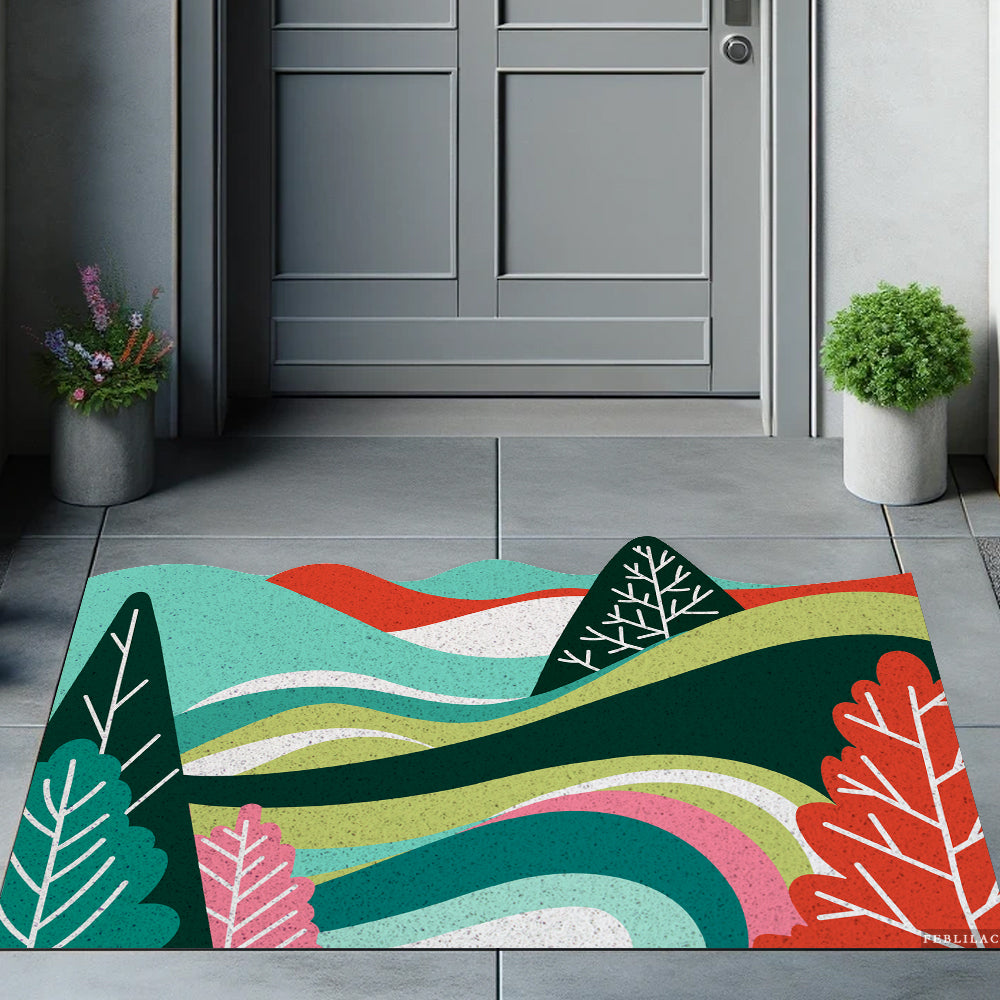 Feblilac Simple Orange and Green Mountains PVC Coil Door Mat