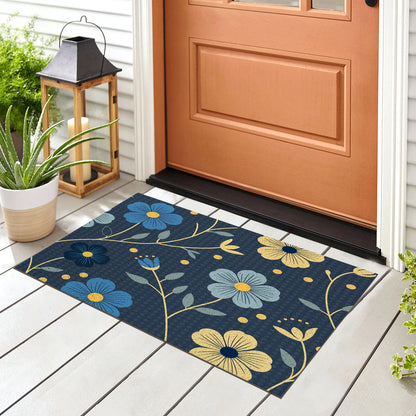 Feblilac Japanese Blue and Gold Flowers PVC Coil Door Mat