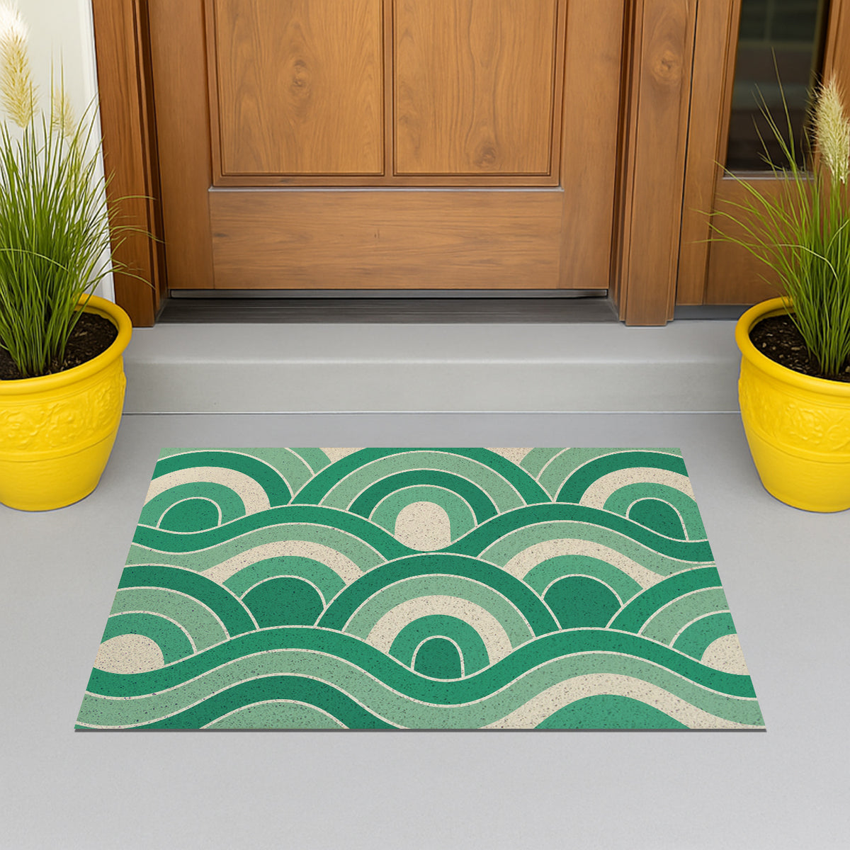 Feblilac Green Wave PVC coil door mat at the front door on a tiled porch