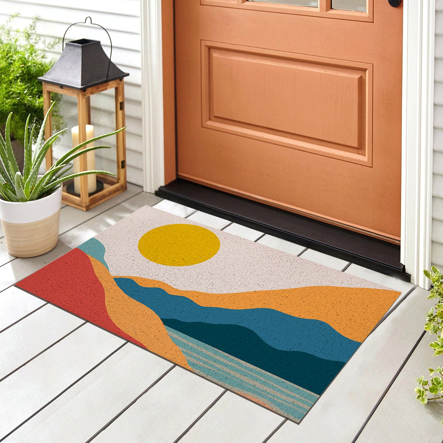 Feblilac Red Orange Blue Lake Sunset PVC Coil Door Mat