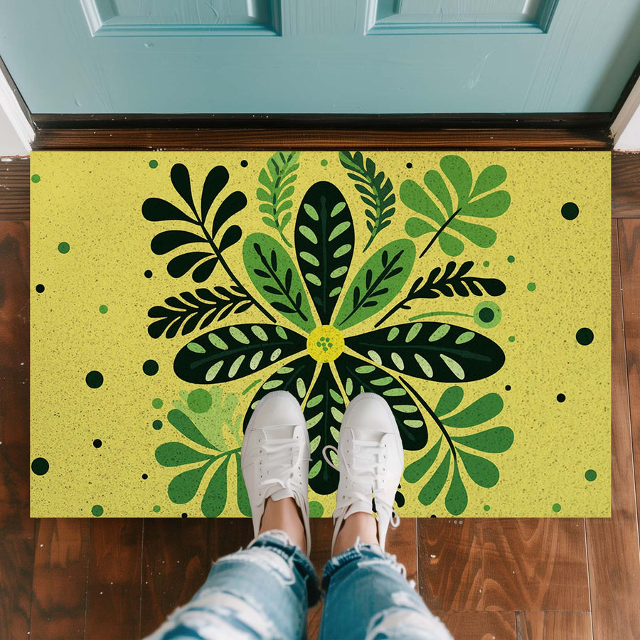 Feblilac Yellow Background Green Leaves PVC Coil Door Mat