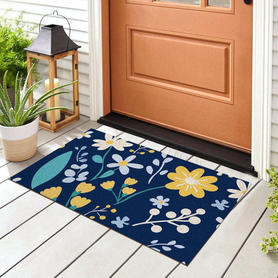 Feblilac Flower Pattern PVC coil door mat at the front door on a tiled porch